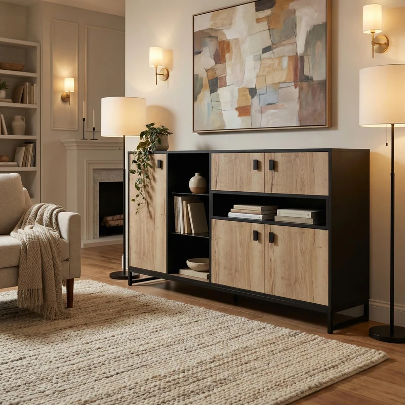 Buffet industriel effet bois et noir, verre trempée, éclairage LED 160x40x84,5cm NOBLEION