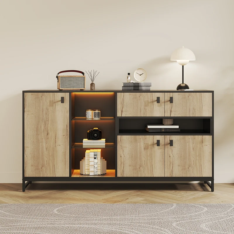 Buffet industriel effet bois et noir, verre trempée, éclairage LED 160x40x84,5cm NOBLEION