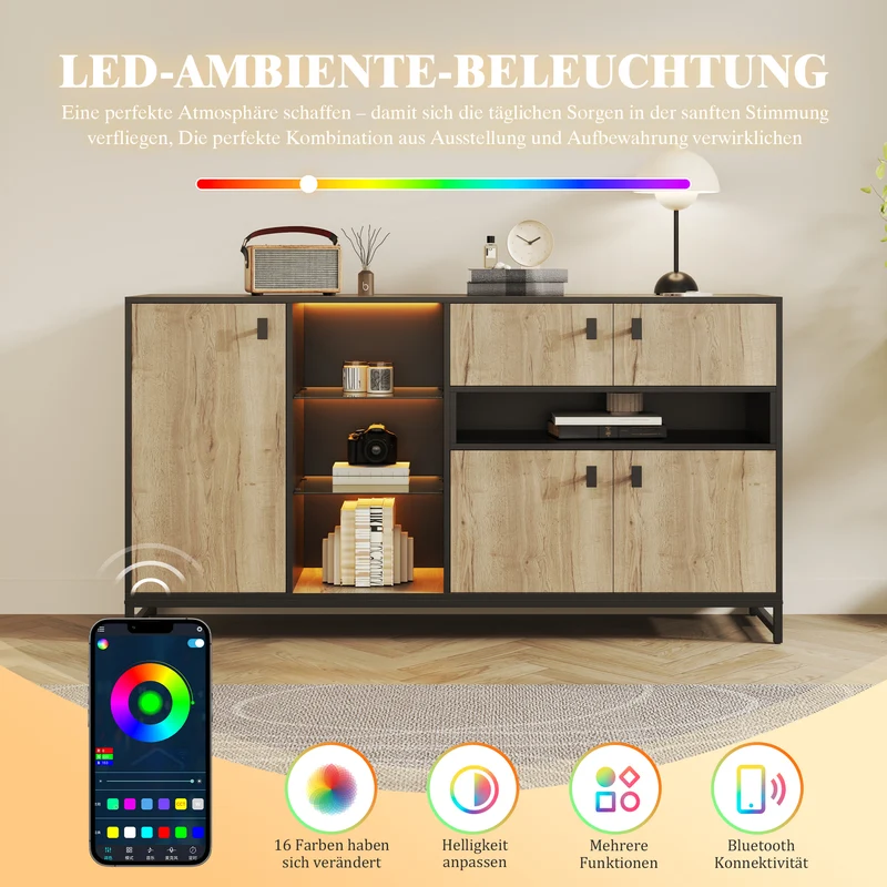 Buffet industriel effet bois et noir, verre trempée, éclairage LED 160x40x84,5cm NOBLEION
