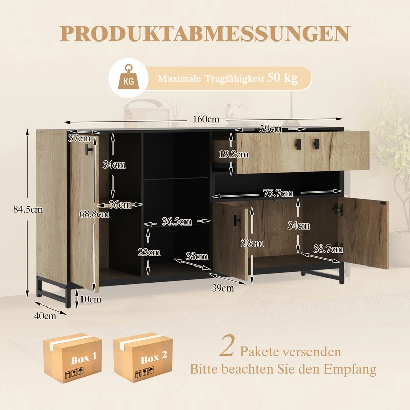 Buffet industriel effet bois et noir, verre trempée, éclairage LED 160x40x84,5cm NOBLEION