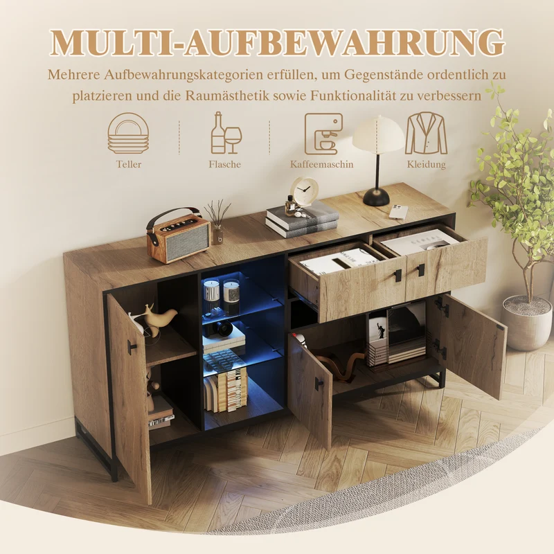 Buffet industriel effet bois et noir, verre trempée, éclairage LED 160x40x84,5cm NOBLEION