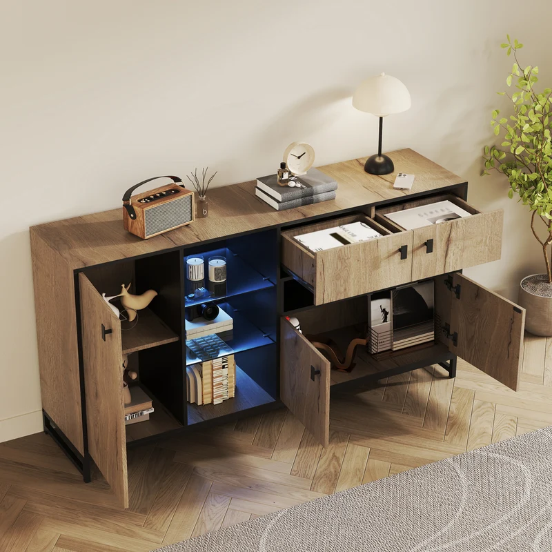 Buffet industriel effet bois et noir, verre trempée, éclairage LED 160x40x84,5cm NOBLEION