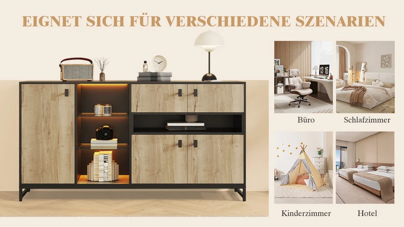 Buffet industriel effet bois et noir, verre trempée, éclairage LED 160x40x84,5cm NOBLEION