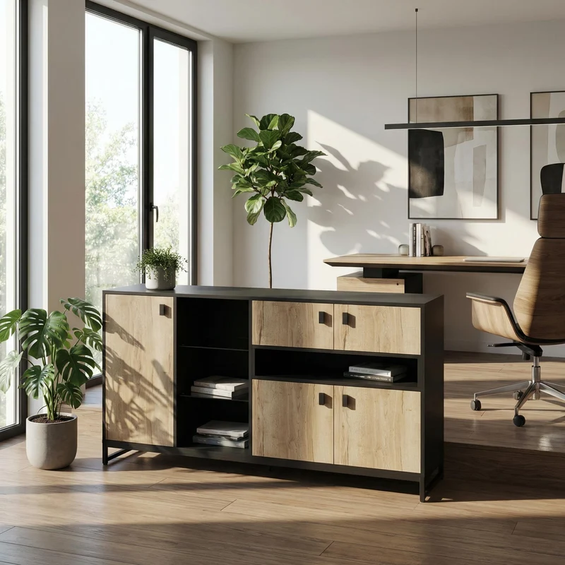 Buffet industriel effet bois et noir, verre trempée, éclairage LED 160x40x84,5cm NOBLEION