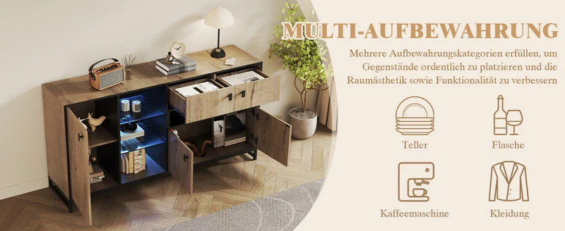 Buffet industriel effet bois et noir, verre trempée, éclairage LED 160x40x84,5cm NOBLEION