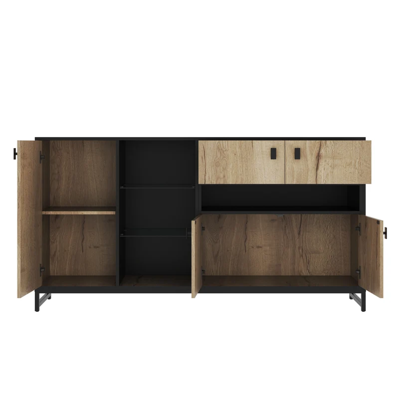 Buffet industriel effet bois et noir, verre trempée, éclairage LED 160x40x84,5cm NOBLEION