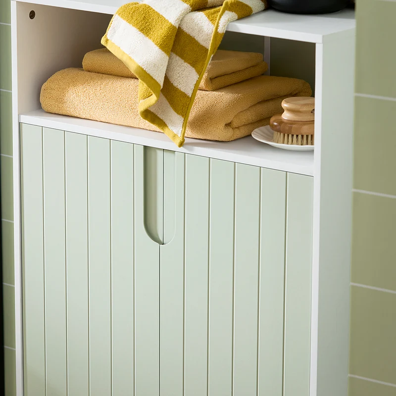 SoBuy BZR138-GR Meuble Bas Salle de Bain Vert et Blanc 87 cm avec 2 Portes, Étagères Réglables et Compartiment Ouvert – Pieds Métal, Charge 45 kg