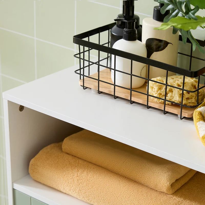 SoBuy BZR138-GR Meuble Bas Salle de Bain Vert et Blanc 87 cm avec 2 Portes, Étagères Réglables et Compartiment Ouvert – Pieds Métal, Charge 45 kg