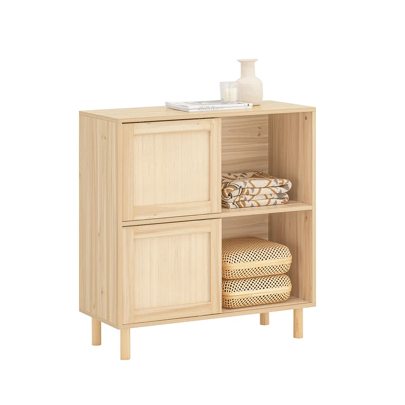 SoBuy FSB87-N Buffet à Portes Coulissantes en Bambou – 4 Compartiments, 80 × 35 × 87 cm, Naturel
