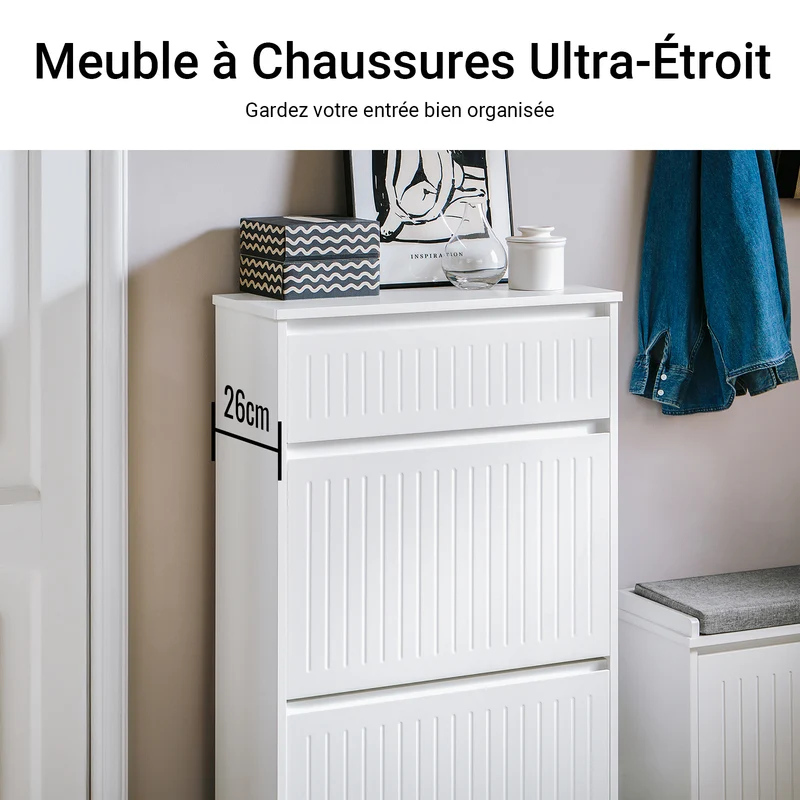 SoBuy FSR165-W Meuble à Chaussures à Abattants 2 Niveaux – Rangement Discret pour Entrée – Blanc