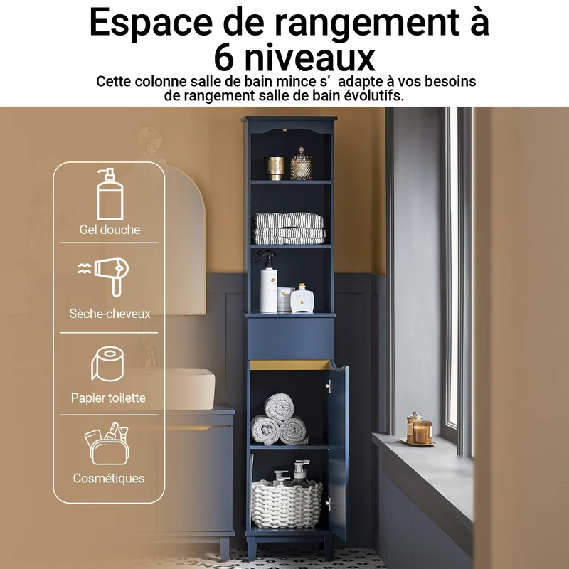 SoBuy BZR112-B Colonne Salle de Bain avec 3 Étagères et 1 Tiroir – L35×P30×H170 cm, Charge 40 kg, MDF E1, Bleu
