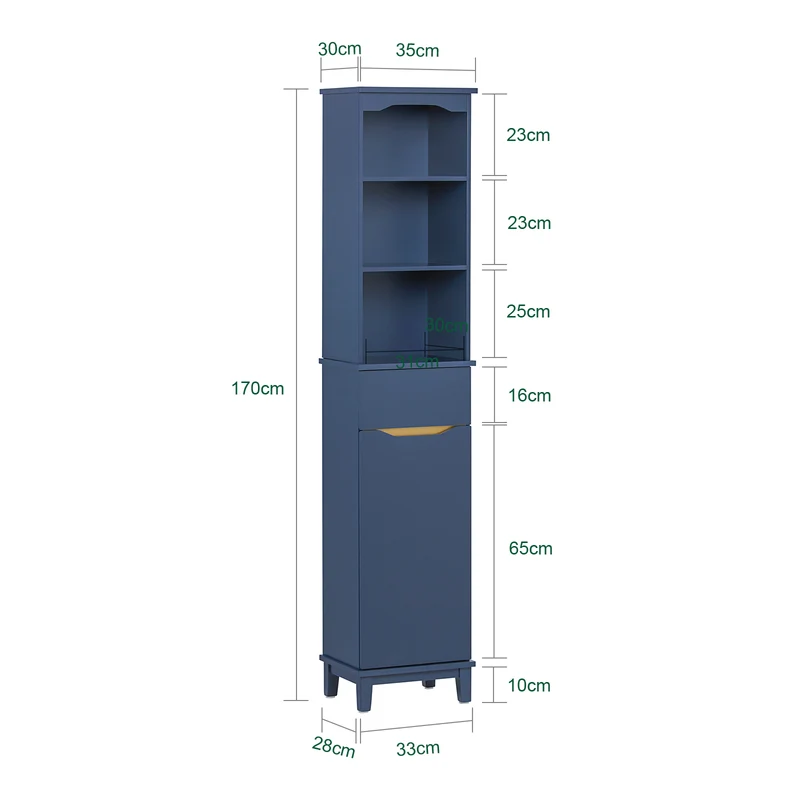 SoBuy BZR112-B Colonne Salle de Bain avec 3 Étagères et 1 Tiroir – L35×P30×H170 cm, Charge 40 kg, MDF E1, Bleu