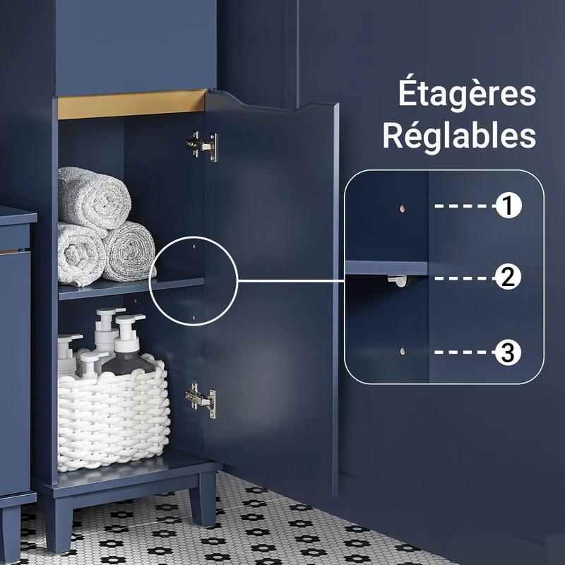 SoBuy BZR112-B Colonne Salle de Bain avec 3 Étagères et 1 Tiroir – L35×P30×H170 cm, Charge 40 kg, MDF E1, Bleu
