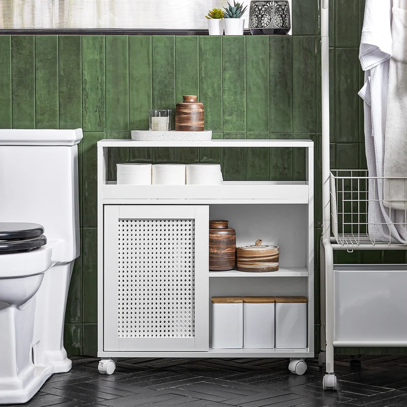 SoBuy BZR119-W Meuble WC à Roulettes avec 2 Portes Coulissantes en Rotin – L65×P20×H70 cm, Charge 35 kg, MDF E1, Blanc