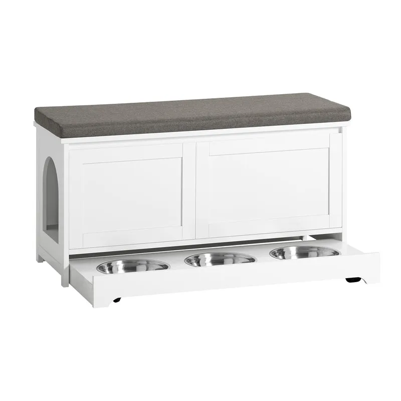 SoBuy FSR136-W Banc à Chaussures avec Coussin Rembourré, 2 Portes et Maison pour Chat Intégrée pour Entrée – 90x36x44 cm, Blanc