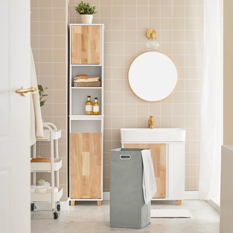 SoBuy BZR74-W Colonne Salle de Bain Style Naturel avec Panier à Linge – Blanc Bois, 170 cm