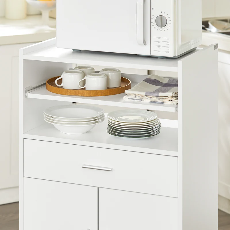 SoBuy FSB09-W Chariot de Cuisine sur Roulettes avec Plan de Travail Extensible – Meuble Micro-Ondes, 2 Étagères, Tiroir, Blanc, 40×59×92 cm