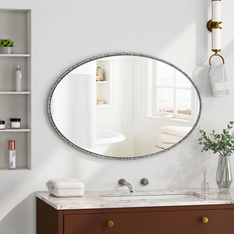Miroir mural ovale rétro cadre argenté martelé effet antique 100x65cm PATTERNCRACK