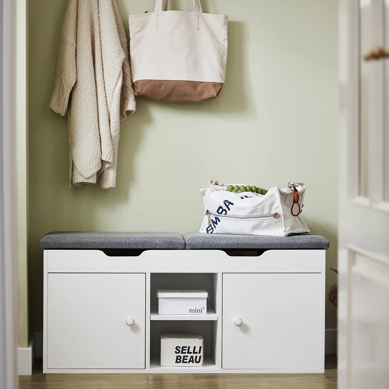 SoBuy FSR96-W Banc à Chaussures avec Coussin Rembourré, 2 Portes et 3 Étagères Réglables, Design Moderne, Compact – L100×P34×H47 cm, Charge 150 kg, Blanc