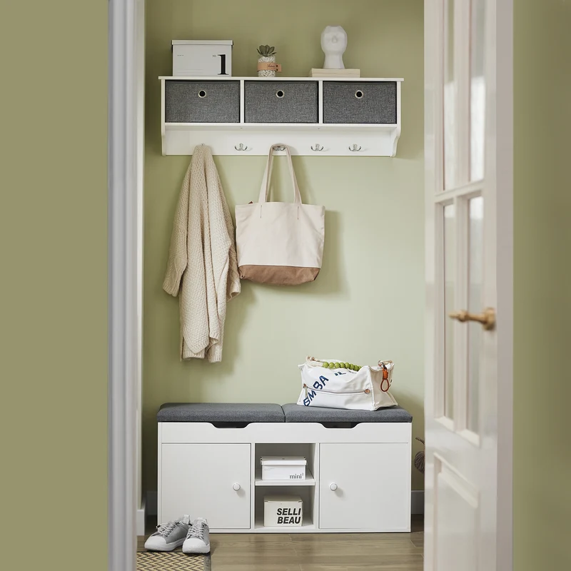 SoBuy FSR96-W Banc à Chaussures avec Coussin Rembourré, 2 Portes et 3 Étagères Réglables, Design Moderne, Compact – L100×P34×H47 cm, Charge 150 kg, Blanc