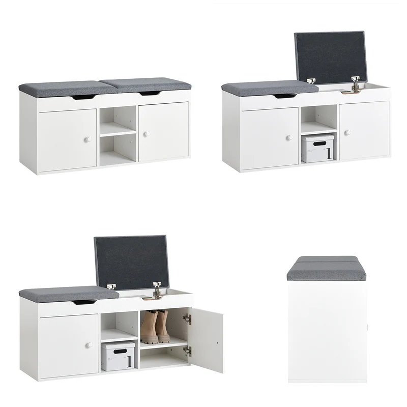 SoBuy FSR96-W Banc à Chaussures avec Coussin Rembourré, 2 Portes et 3 Étagères Réglables, Design Moderne, Compact – L100×P34×H47 cm, Charge 150 kg, Blanc