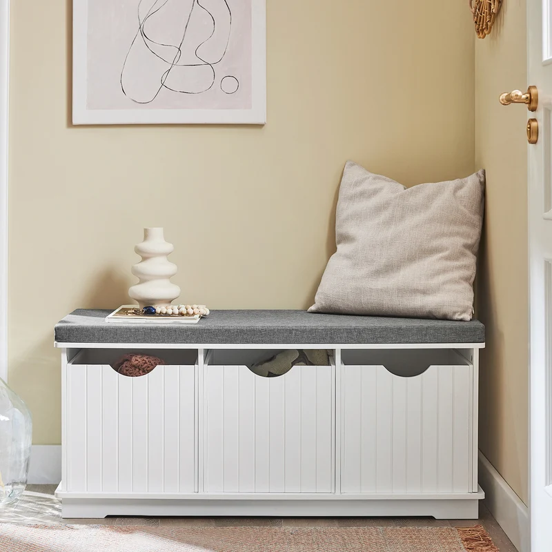 SoBuy FSR30-W Banc à Chaussures avec Coussin Rembourré et 3 Cubes de Rangement pour Entrée – 100x36x46 cm, Blanc