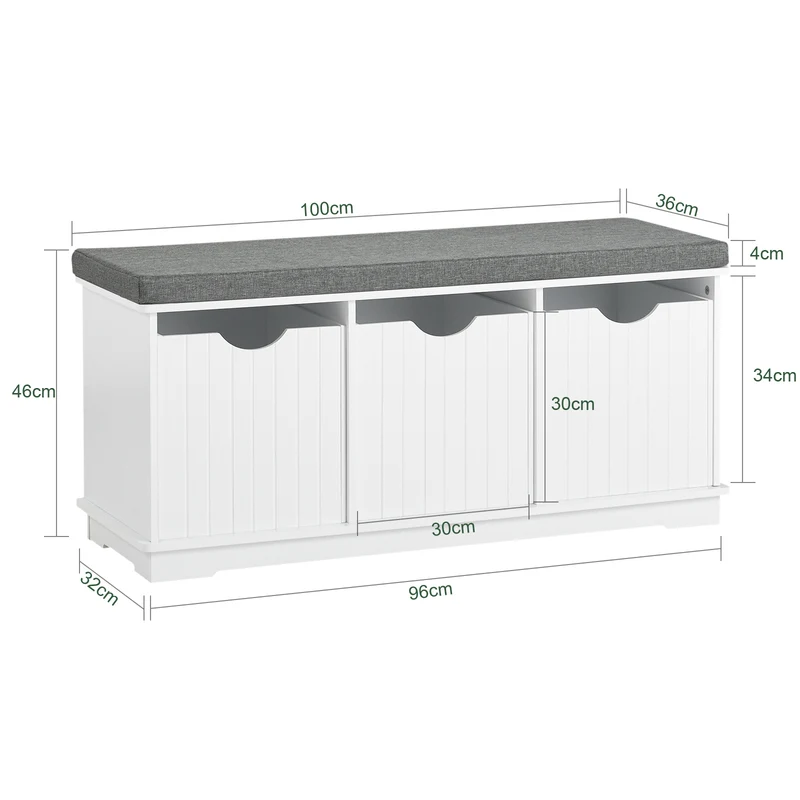 SoBuy FSR30-W Banc à Chaussures avec Coussin Rembourré et 3 Cubes de Rangement pour Entrée – 100x36x46 cm, Blanc