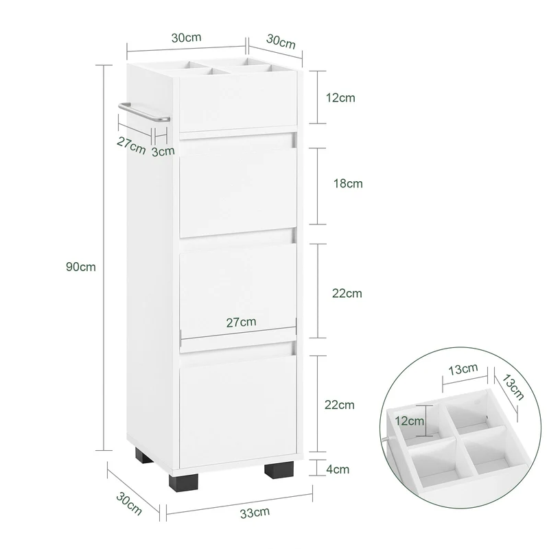 SoBuy BZR29-W Meuble Salle de Bain Petit Espace 30 cm – 3 Tiroirs et Porte-Serviettes Réversible, Blanc