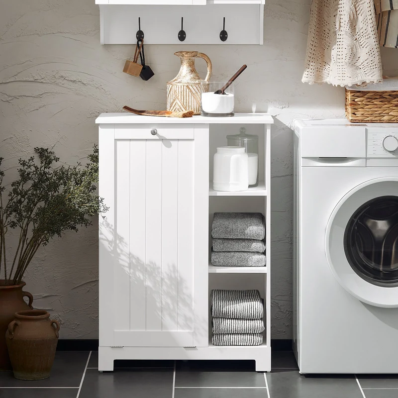 SoBuy BZR105-W Meuble Salle de Bain avec Panier à Linge et 3 Étagères – L60×P37×H86 cm, Charge 70 kg, MDF E1, Blanc
