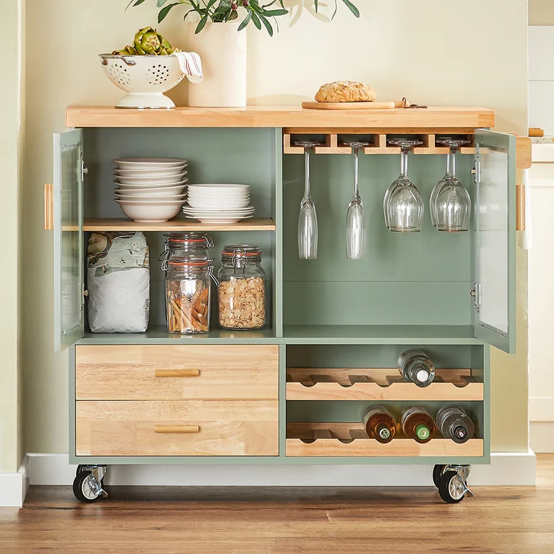 SoBuy FKW114-GR Ìlot Central Cuisine Mobile Vert Sauge – Bar à Vins, Plan Bois Massif, Rangement