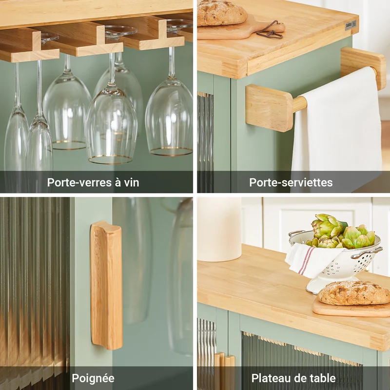 SoBuy FKW114-GR Ìlot Central Cuisine Mobile Vert Sauge – Bar à Vins, Plan Bois Massif, Rangement