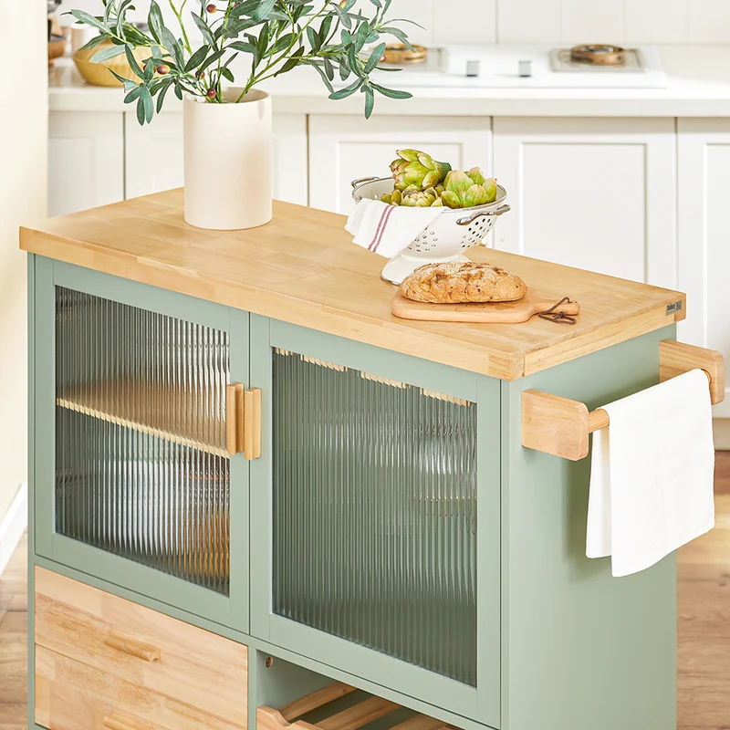 SoBuy FKW114-GR Ìlot Central Cuisine Mobile Vert Sauge – Bar à Vins, Plan Bois Massif, Rangement
