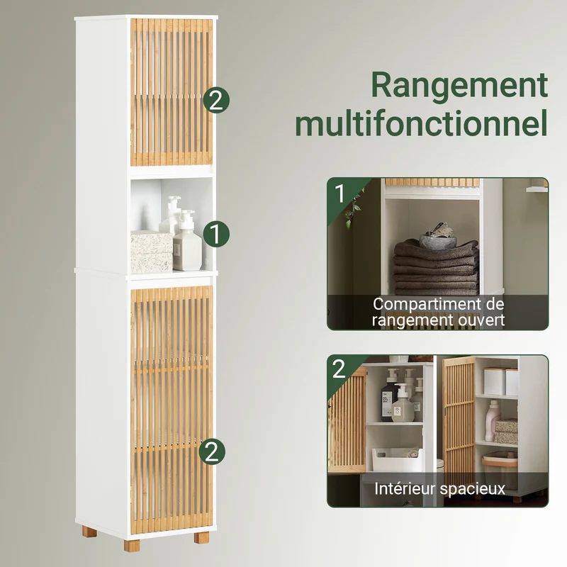 SoBuy BZR127-W Colonne Salle de Bain Rangement Fonctionnel et Compact, Gain de Place, pour Salle de Bain et WC – L33×P33×H165 cm, Bambou, Blanc et Naturel