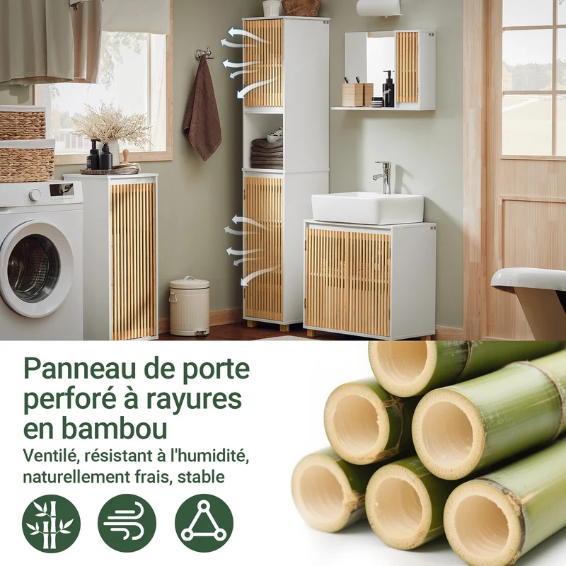 SoBuy BZR127-W Colonne Salle de Bain Rangement Fonctionnel et Compact, Gain de Place, pour Salle de Bain et WC – L33×P33×H165 cm, Bambou, Blanc et Naturel