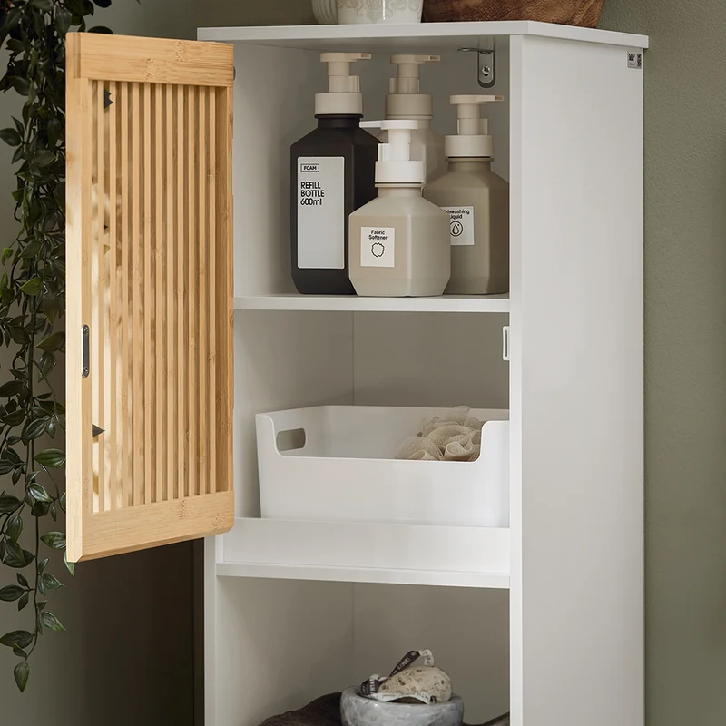 SoBuy BZR127-W Colonne Salle de Bain Rangement Fonctionnel et Compact, Gain de Place, pour Salle de Bain et WC – L33×P33×H165 cm, Bambou, Blanc et Naturel