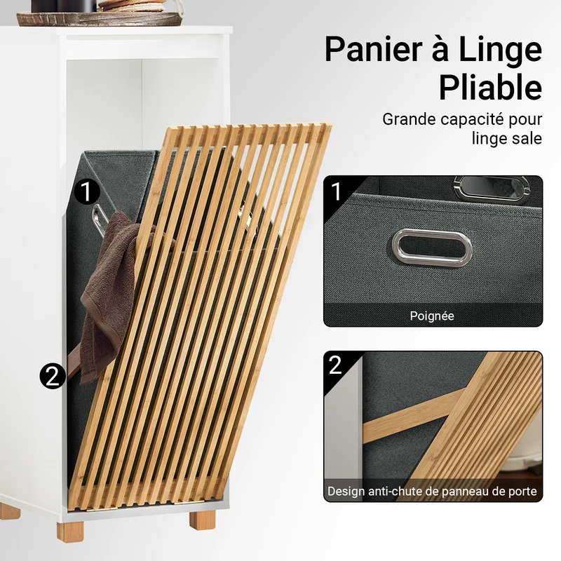 SoBuy BZR126-W Meuble à Linge Salle de Bain avec Panier Amovible – Porte en Bambou, 32×33×85 cm, Blanc