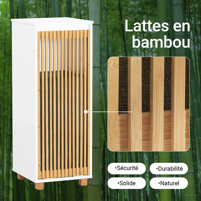 SoBuy BZR126-W Meuble à Linge Salle de Bain avec Panier Amovible – Porte en Bambou, 32×33×85 cm, Blanc