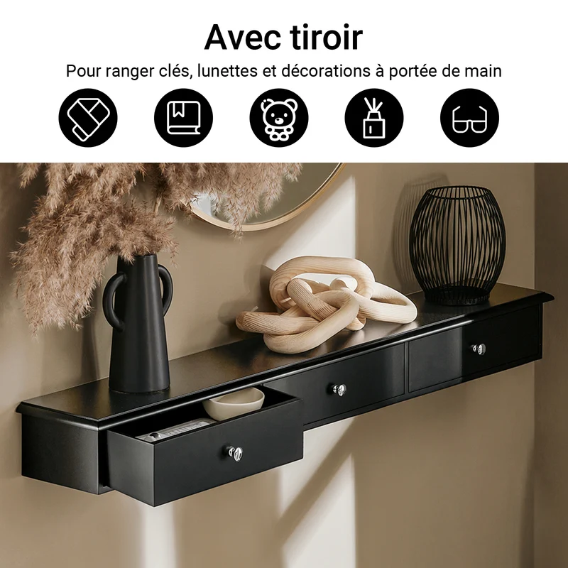 SoBuy FRG43-L-SCH Etagere Murale avec 3 Tiroirs - Étagère Flottante Moderne pour Entrée, Salon, Cuisine & Chambre - Noir 94x15x10cm