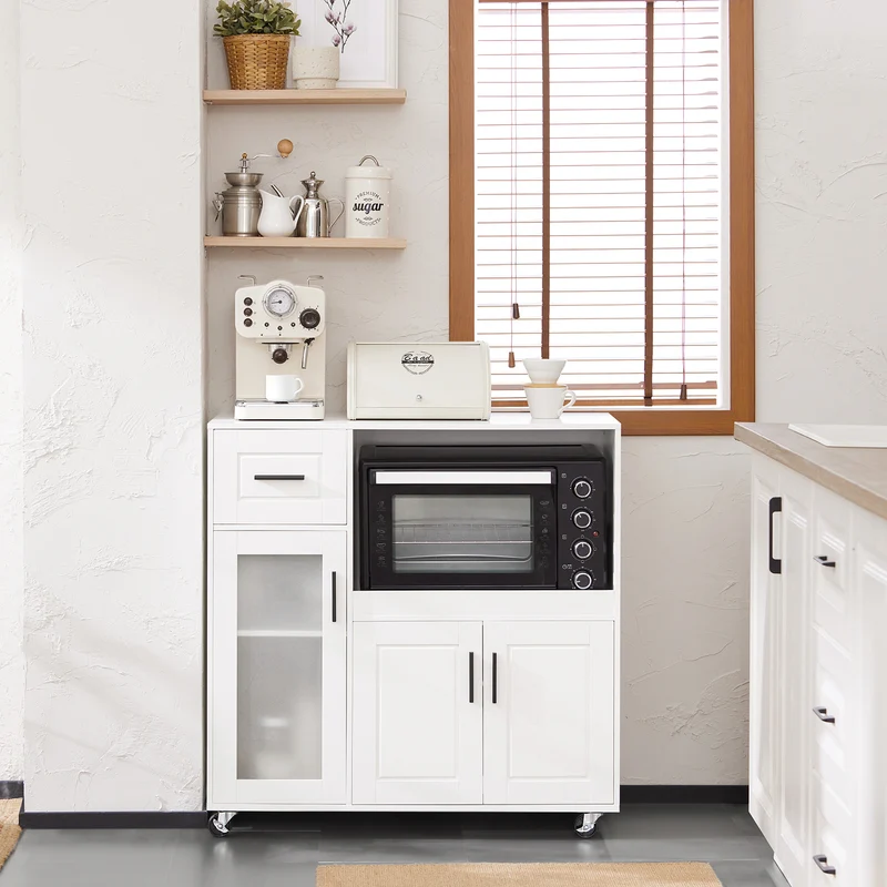 SoBuy FSB78-W Desserte de Cuisine à Roulettes – 3 Portes dont 1 en Verre, Tiroir et Gestion des Câbles, Blanc