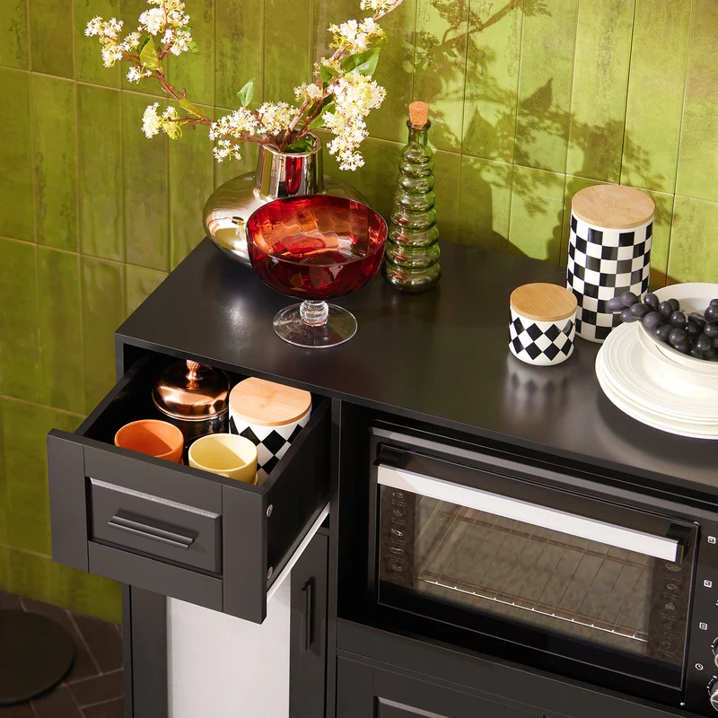 SoBuy FSB78-SCH Meuble Micro-Ondes Buffet Commode sur roulettes Armoire de Cuisine Multi-Rangement avec 3 Portes, 1 Tiroir, 1 Compartiment