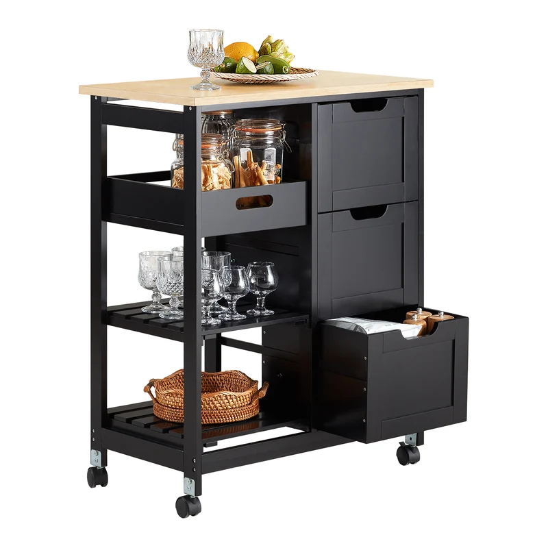 SoBuy FKW79-SCH Desserte de Cuisine sur Roulettes – 3 Tiroirs, Tablette Amovible, 2 Étagères, 68 × 38 × 85 cm, Noir