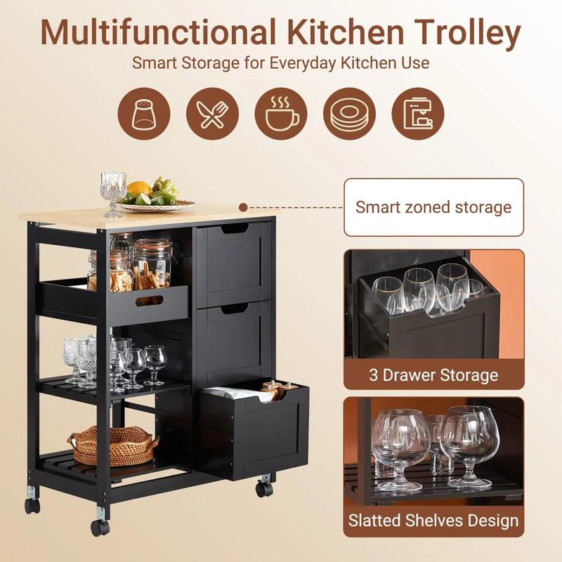 SoBuy FKW79-SCH Desserte de Cuisine sur Roulettes – 3 Tiroirs, Tablette Amovible, 2 Étagères, 68 × 38 × 85 cm, Noir