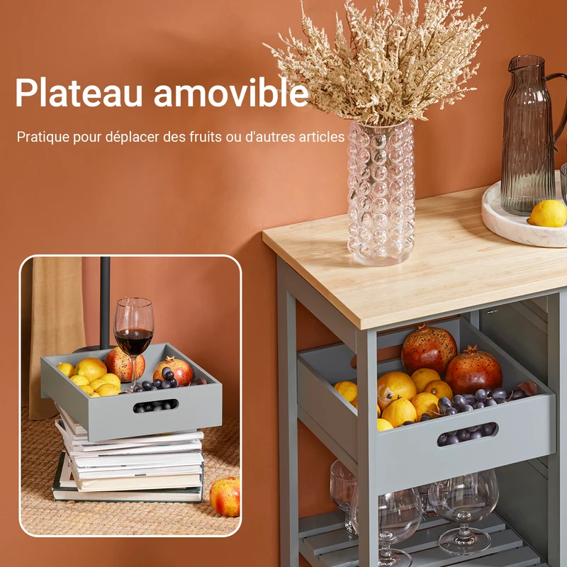 SoBuy FKW79-HG Meuble Cuisine Desserte de Cuisine à roulettes, Desserte Rangement avec 3 Tiroirs et 1 Tablette Amovible, Meuble de Rangement Cuisine, L68xP38xH85cm,Gris