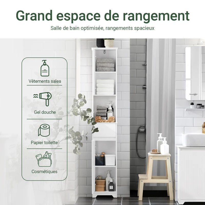 SoBuy BZR109-W Meuble Colonne Salle de Bain 170 cm Slim 30 cm 2 Portes Étagères Réglables Tiroir Anti-Basculement – Blanc