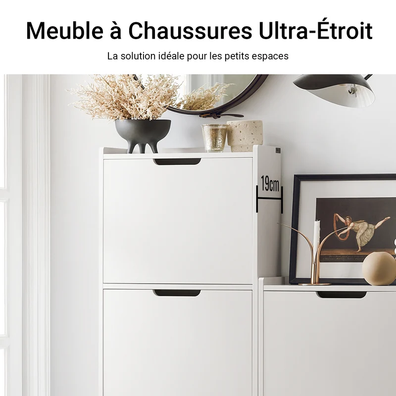 SoBuy FSR151-H-W Meuble à chaussures étroit 19 cm avec 3 abattants – 6 à 8 paires, 50 x 19 x 129 cm, Blanc