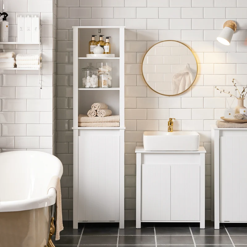 SoBuy BZR102-W Colonne Salle de Bain avec 3 Étagères et Sac à Linge Amovible – L45×P35×H171 cm, Charge 40 kg, Blanc