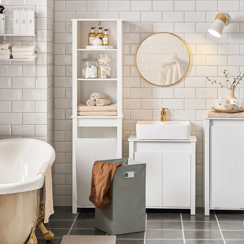 SoBuy BZR102-W Colonne Salle de Bain avec 3 Étagères et Sac à Linge Amovible – L45×P35×H171 cm, Charge 40 kg, Blanc