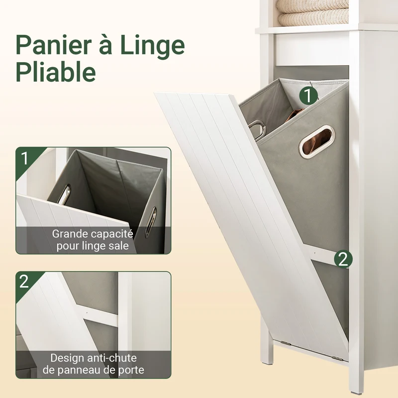 SoBuy BZR102-W Colonne Salle de Bain avec 3 Étagères et Sac à Linge Amovible – L45×P35×H171 cm, Charge 40 kg, Blanc