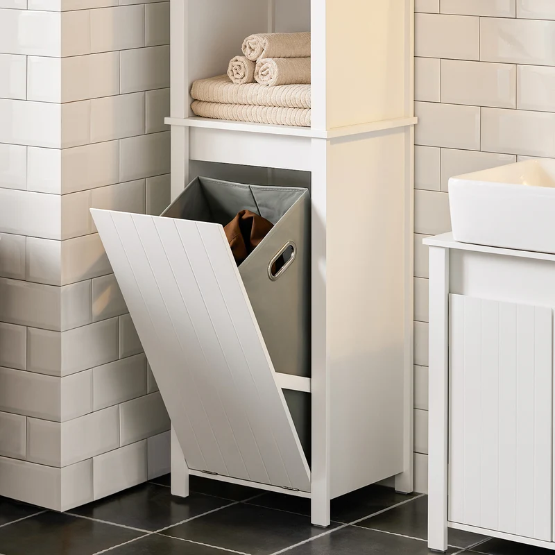 SoBuy BZR102-W Colonne Salle de Bain avec 3 Étagères et Sac à Linge Amovible – L45×P35×H171 cm, Charge 40 kg, Blanc