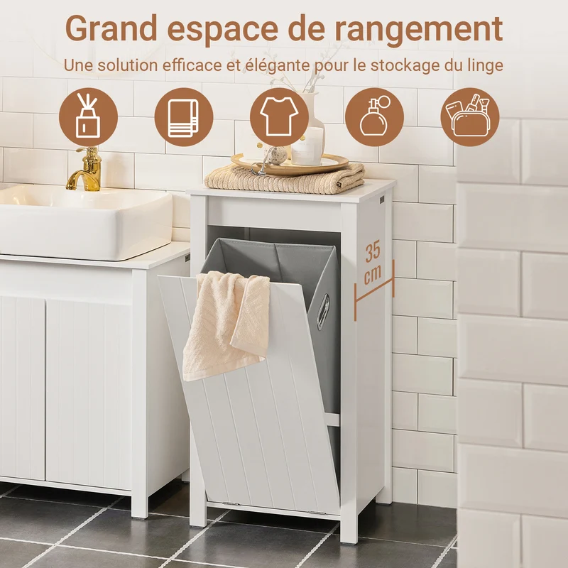 SoBuy BZR100-W Armoire à Linge avec Panier Rabattable et Sac Amovible à Poignées – L45×P35×H85,5 cm, Charge 15 kg, MDF E1, Blanc